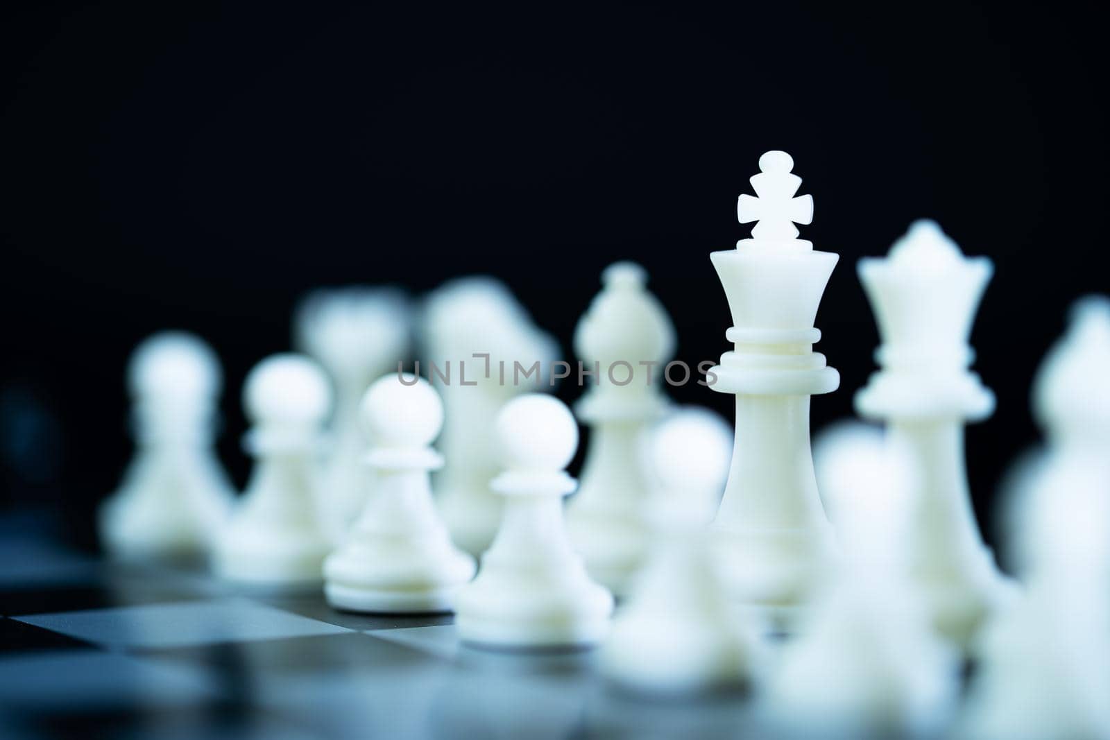 Set of chess figures on the playing board, Close up chess pieces on chessboard,