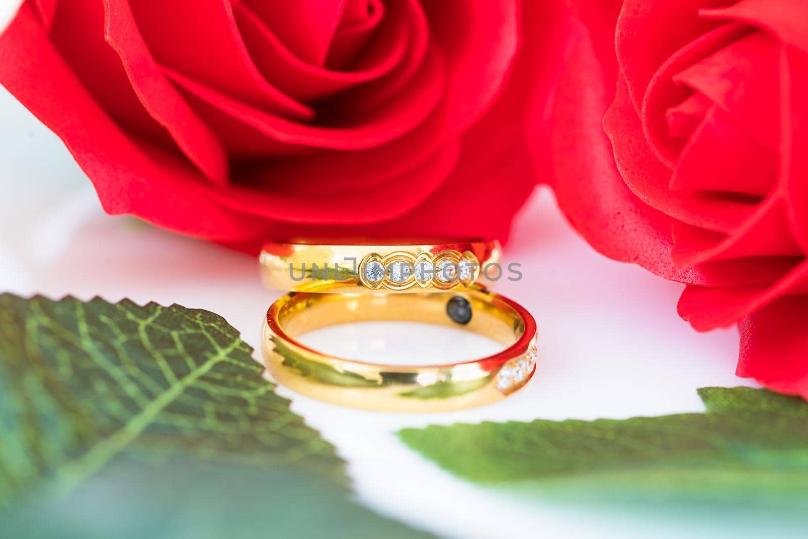 Close up Gold ring and Red roses on white  background, Wedding concept with roses and gold rings