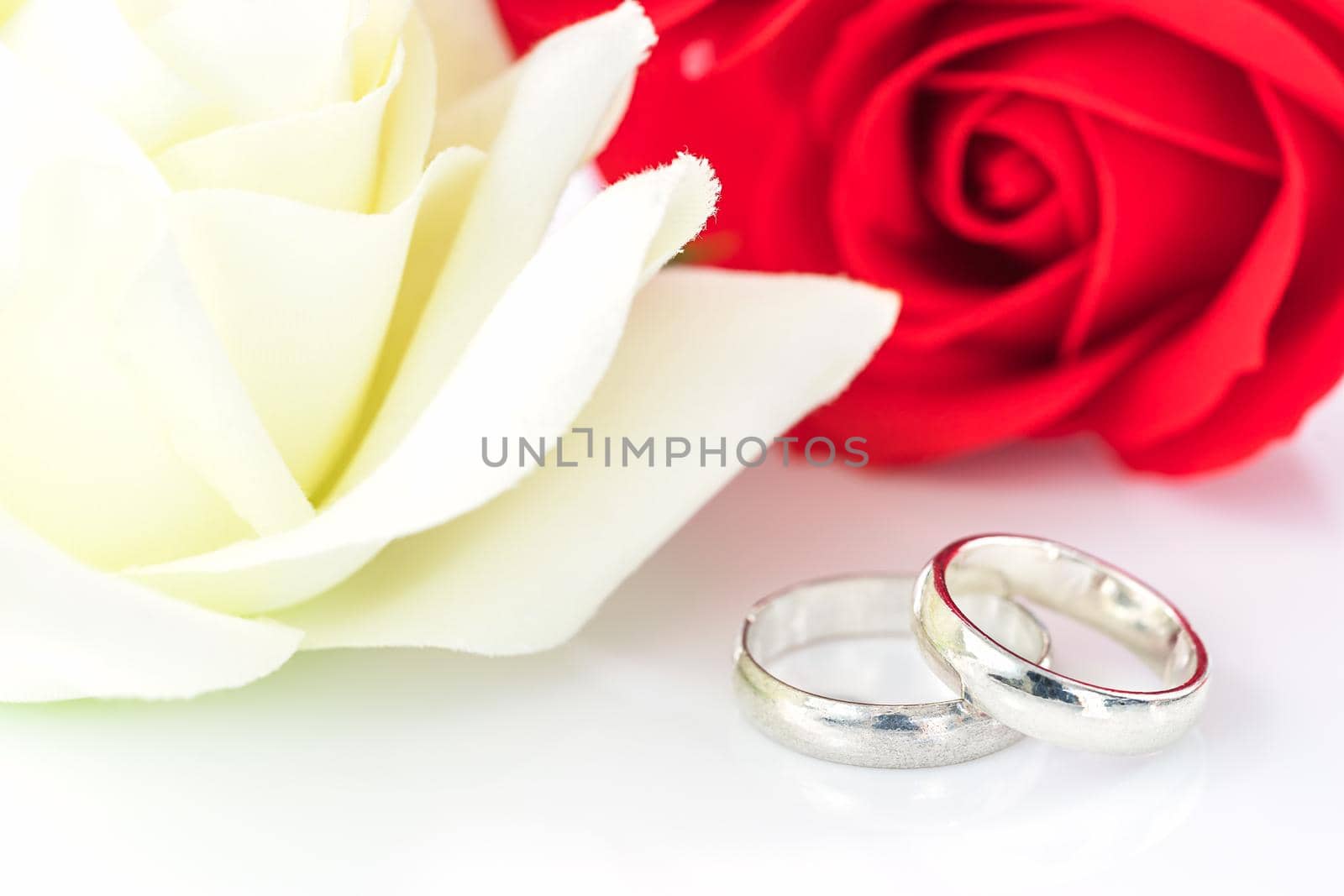 Close up red rose and wedding ring on white background, Wedding concept with roses and ring