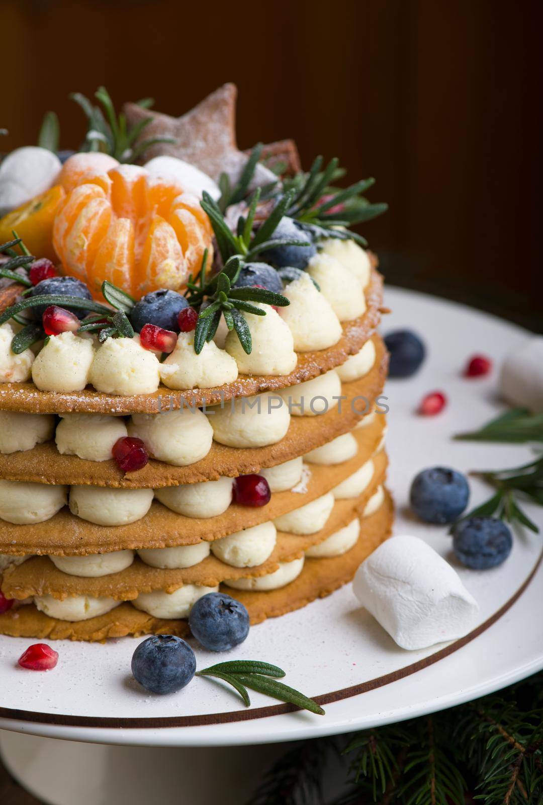 Christmas or New Year decorated cake with cream cheese frosting and cranberries