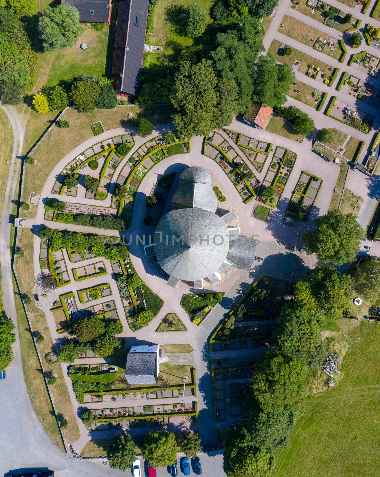Bornholm, Denmark - August 09, 2020: Aerial drone view of famous Osterlars Church.