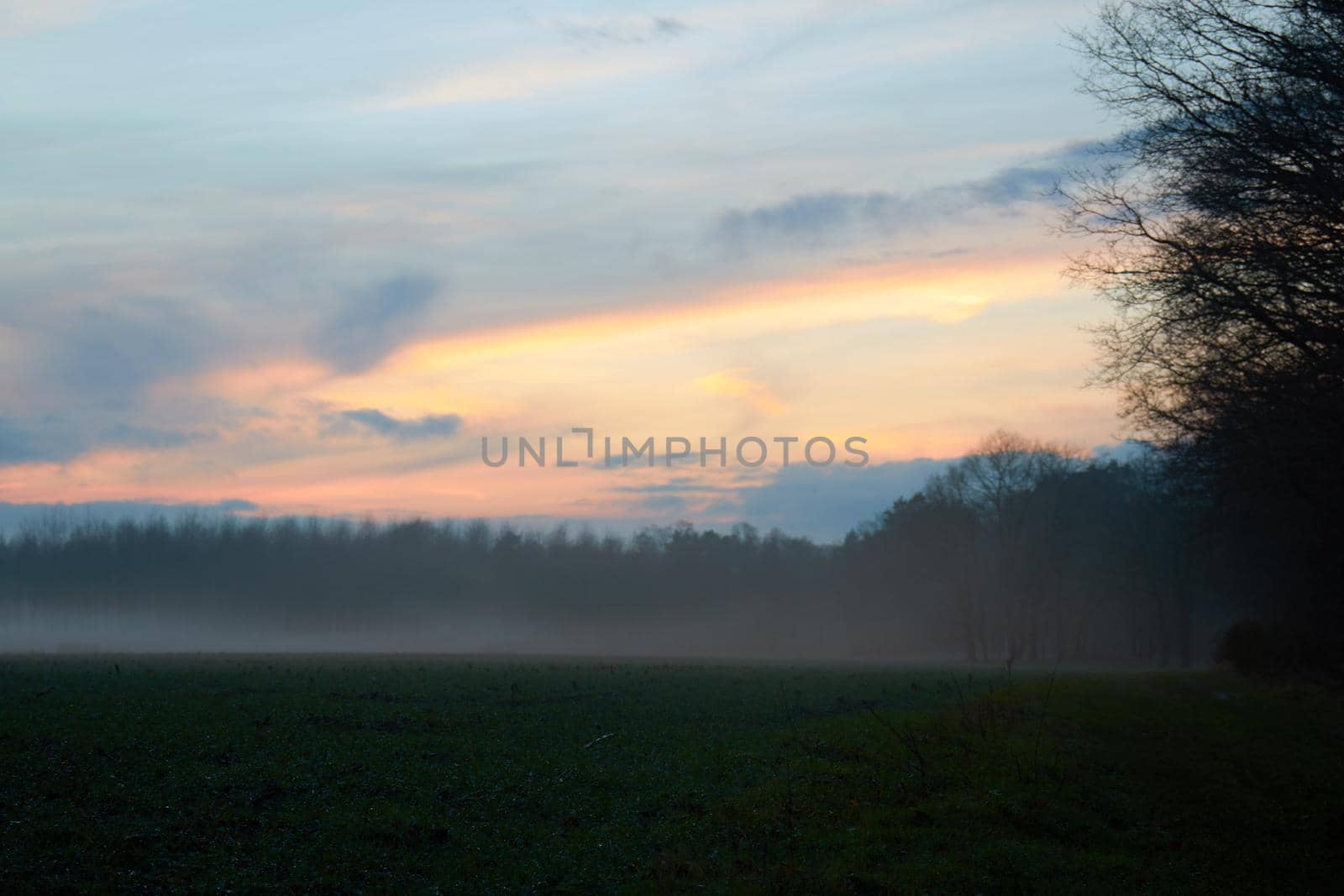A landscape in the evening with fog and sunset