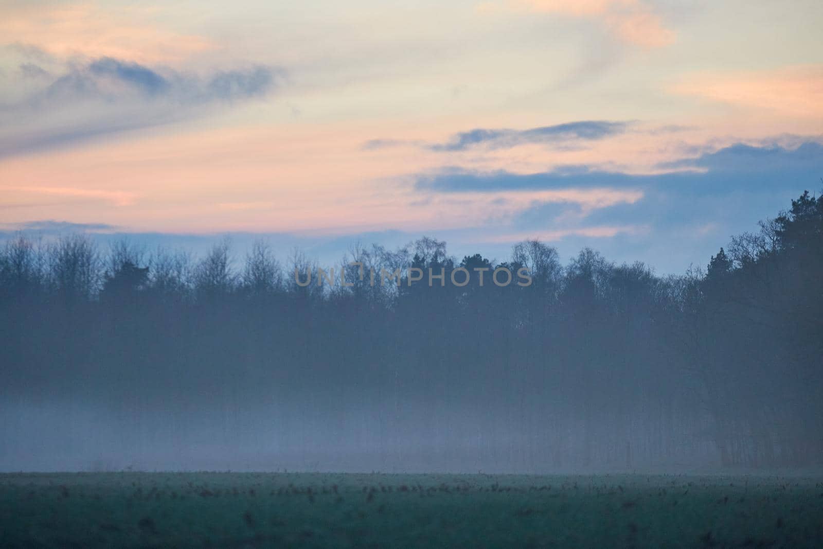A landscape in the evening with fog and sunset