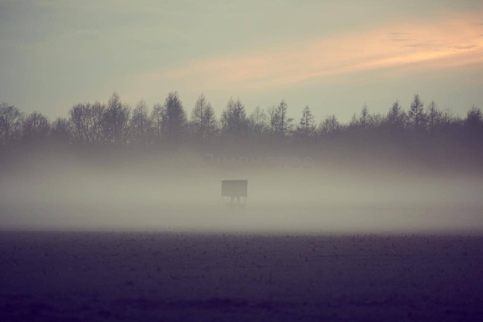 A landscape in the evening with fog and sunset