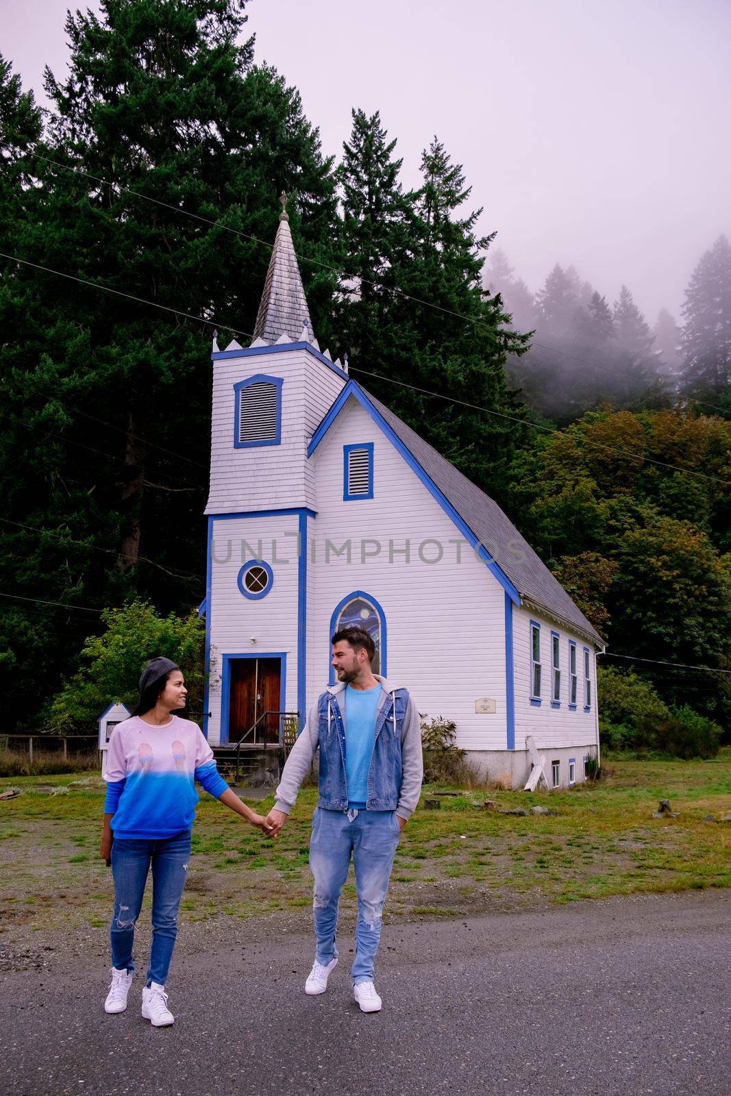 Vancouver Island, Canada, Quadra Island old historical church by the harbor at Cape Mudge, a couple on vacation at Vancouver Island. Canada