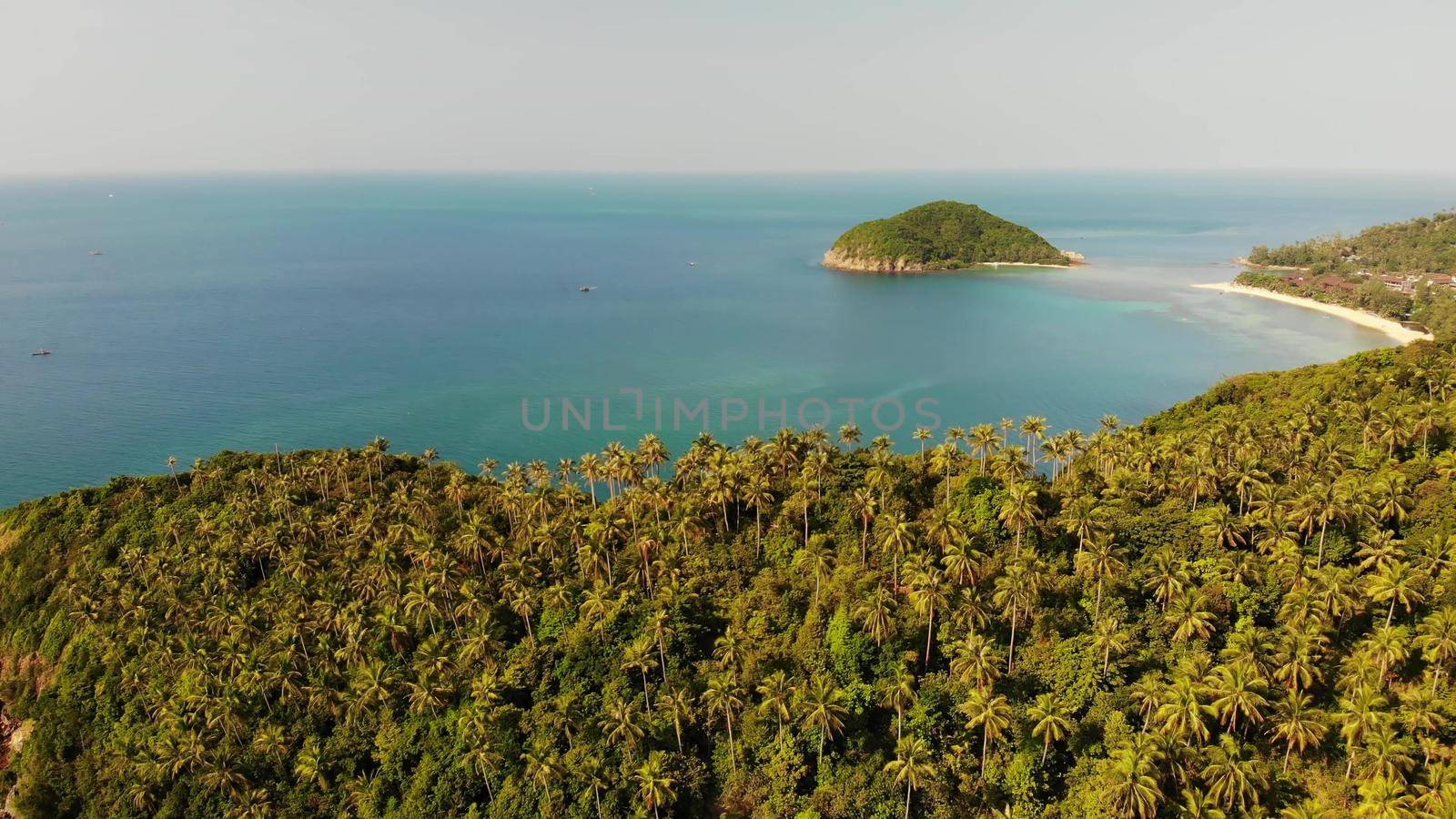 Aerial drone view small Koh Ma island, Ko Phangan Thailand. Exotic coast panoramic landscape, Mae Haad beach, summer day. Sandy path between corals. Vivid seascape, mountain coconut palms from above. by DogoraSun