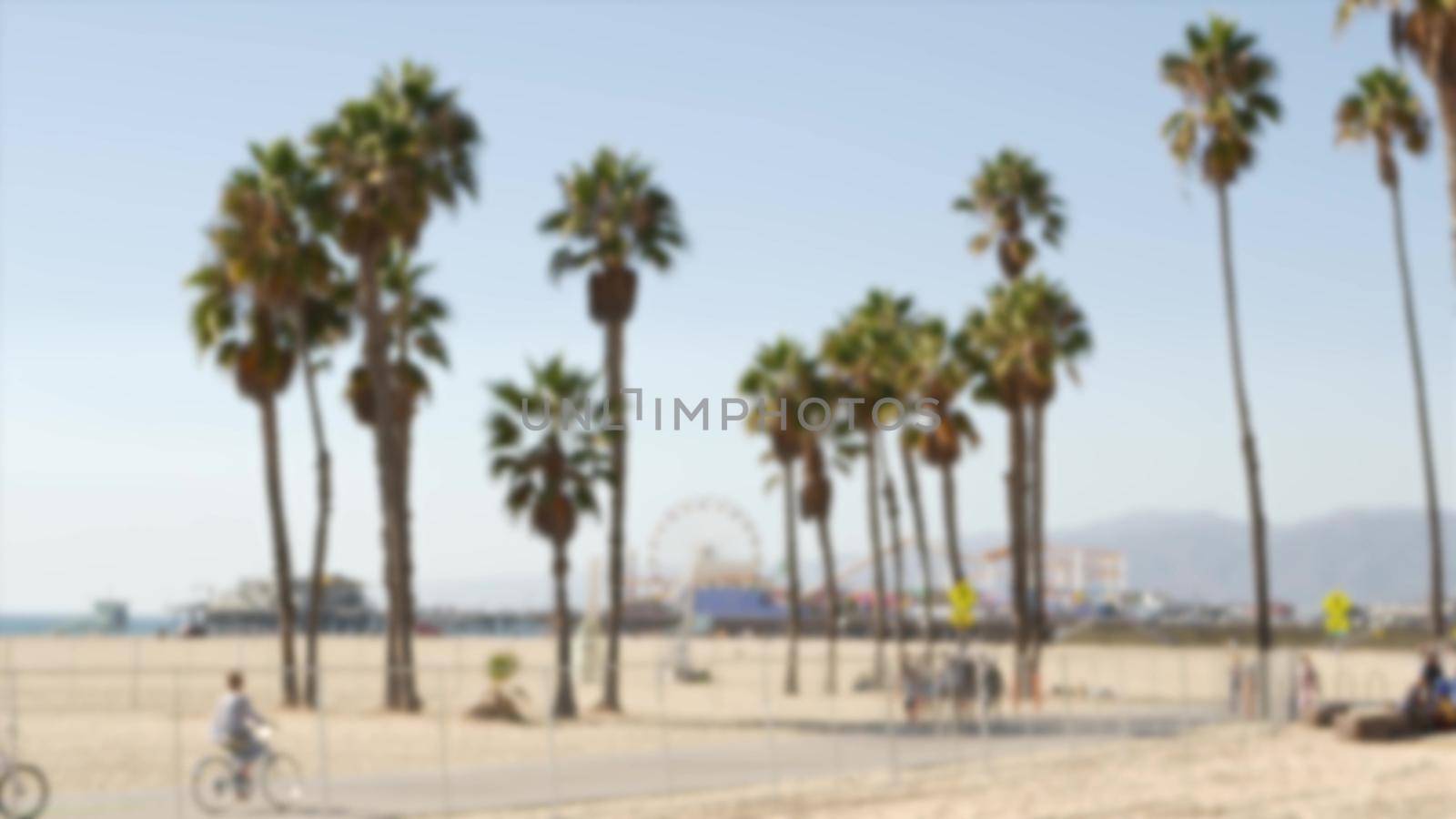 California beach aesthetic, people ride cycles on a bicycle path. Blurred, defocused background. Amusement park on pier and palms in Santa Monica american pacific ocean resort, Los Angeles CA USA.