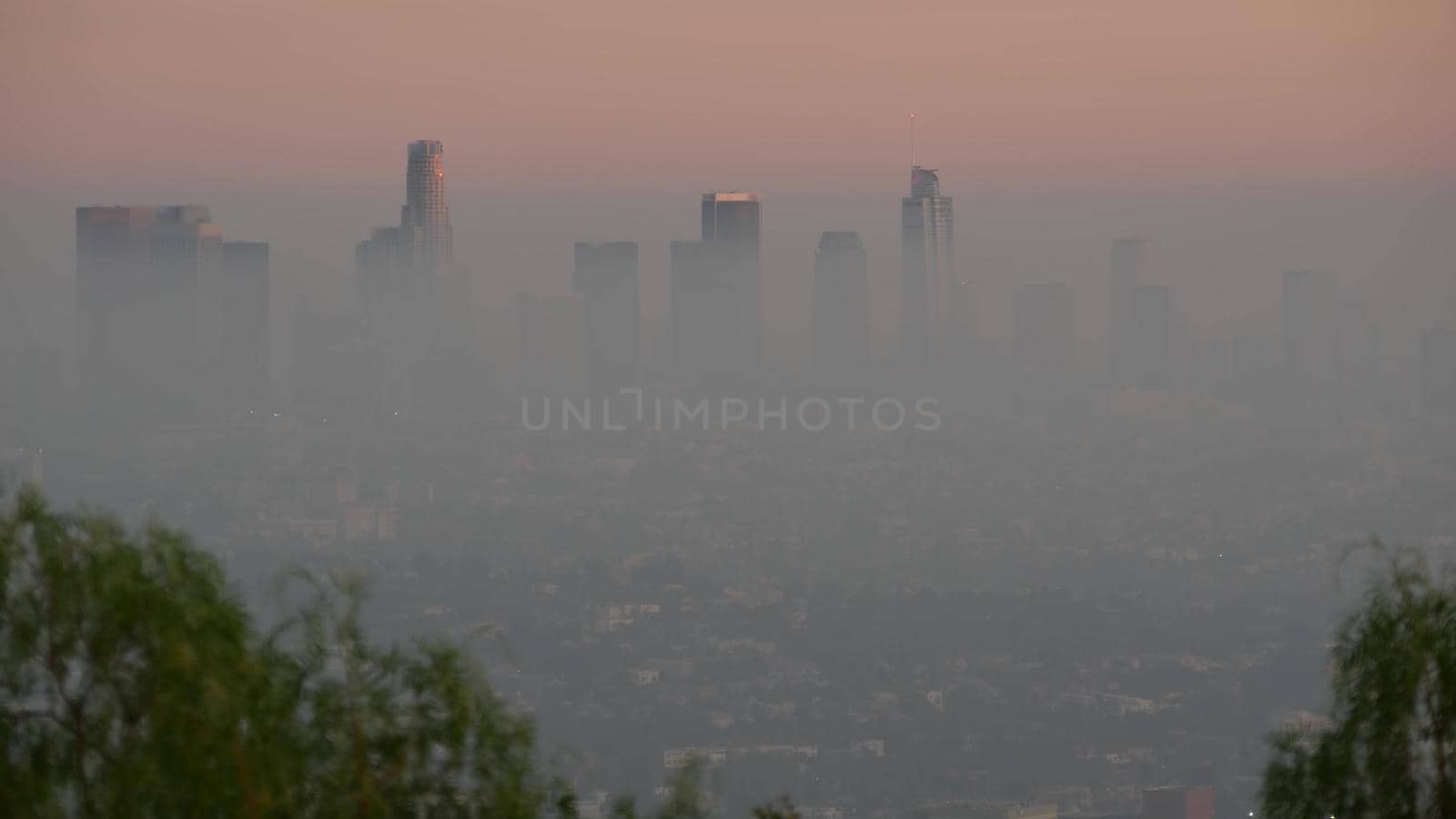Highrise skyscrapers of metropolis in smog, Los Angeles, California USA. Air toxic pollution and misty urban downtown skyline. Cityscape in dirty fog. Low visibility in city with ecology problems by DogoraSun