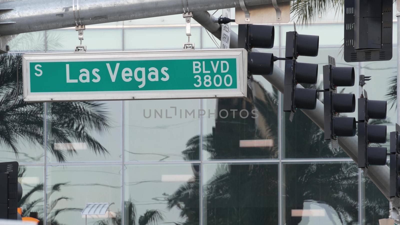 Fabulos Las Vegas, traffic sign on The Strip in sin city of USA. Iconic signboard on the road to Fremont street in Nevada desert. Symbol of casino money playing, betting and hazard in gaming area.