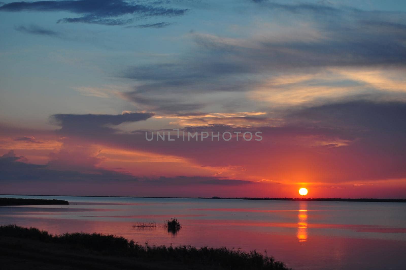 Beautiful landscape of golden spot of sun going down on colorful sky reflecting in tranquil water. Majestic sunset sky on sea by DogoraSun