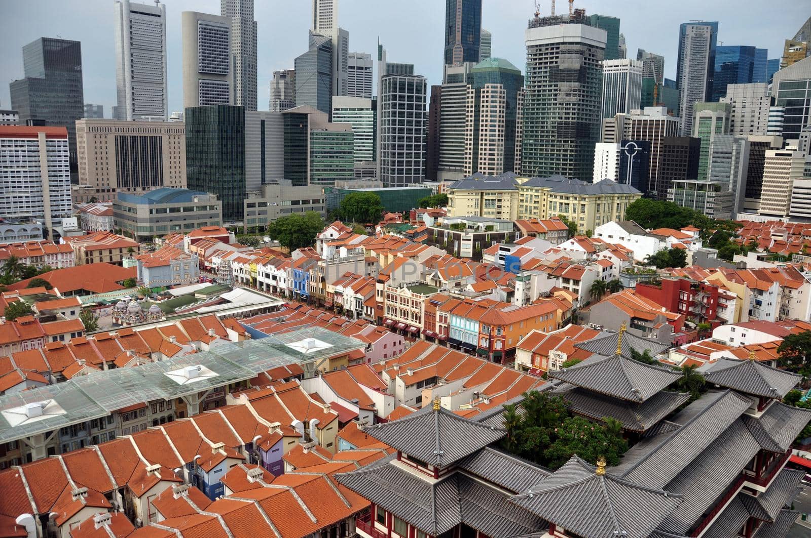 Chinatown in modern megapolis, View of orange rooftops of Chinatown with highrise buildings of modern futuristic city, Singapore. by DogoraSun