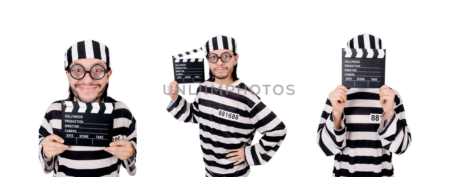 Funny prison inmate with movie board isolated on white