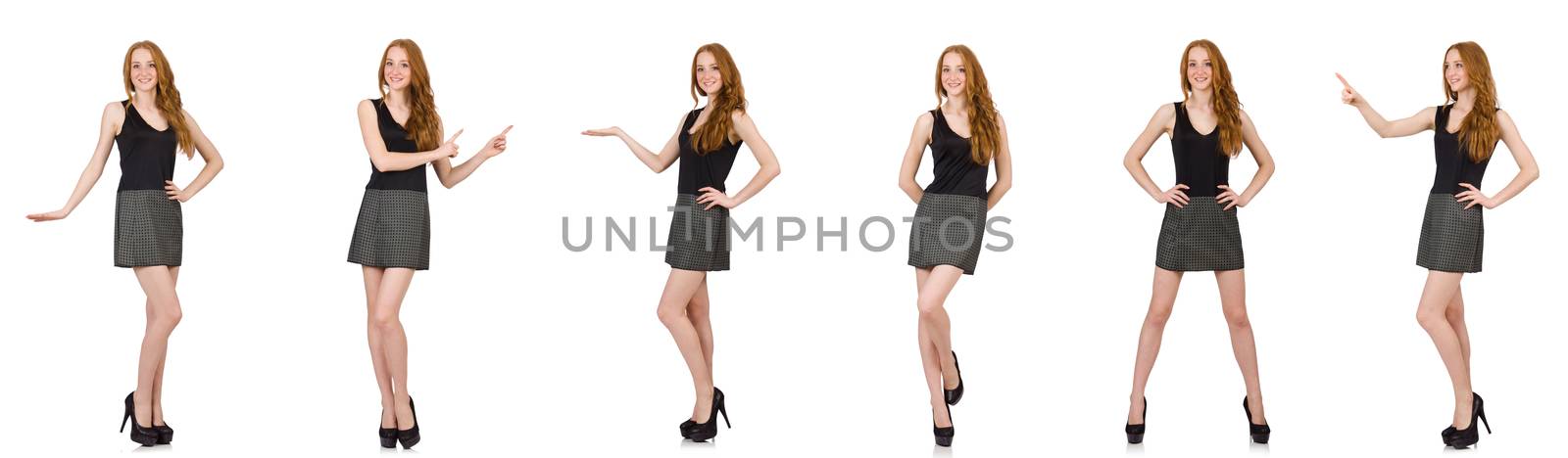 Red hair girl in gray dress isolated on white by Elnur