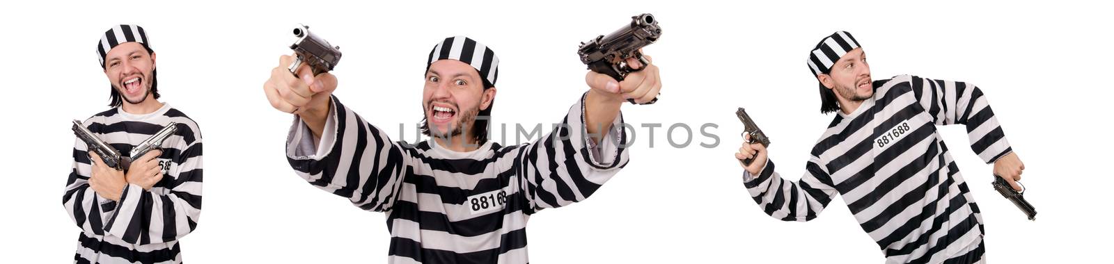 Prison inmate with gun isolated on white by Elnur