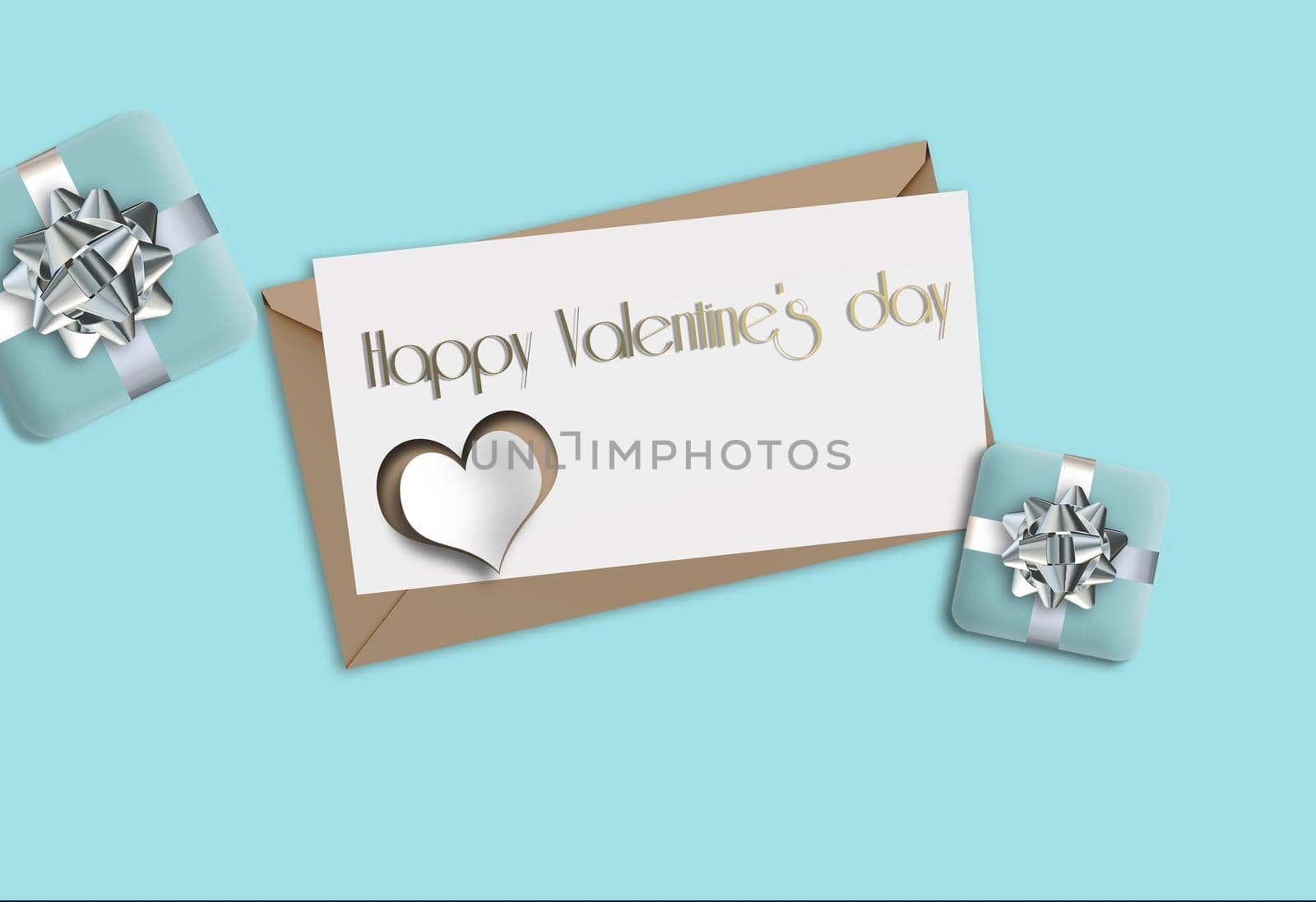 Elegant Valentine's card on turquoise blue background with gift boxes, heart. Pastel blue colour. Text Happy Valentine's day. Mock up, template, 3D render