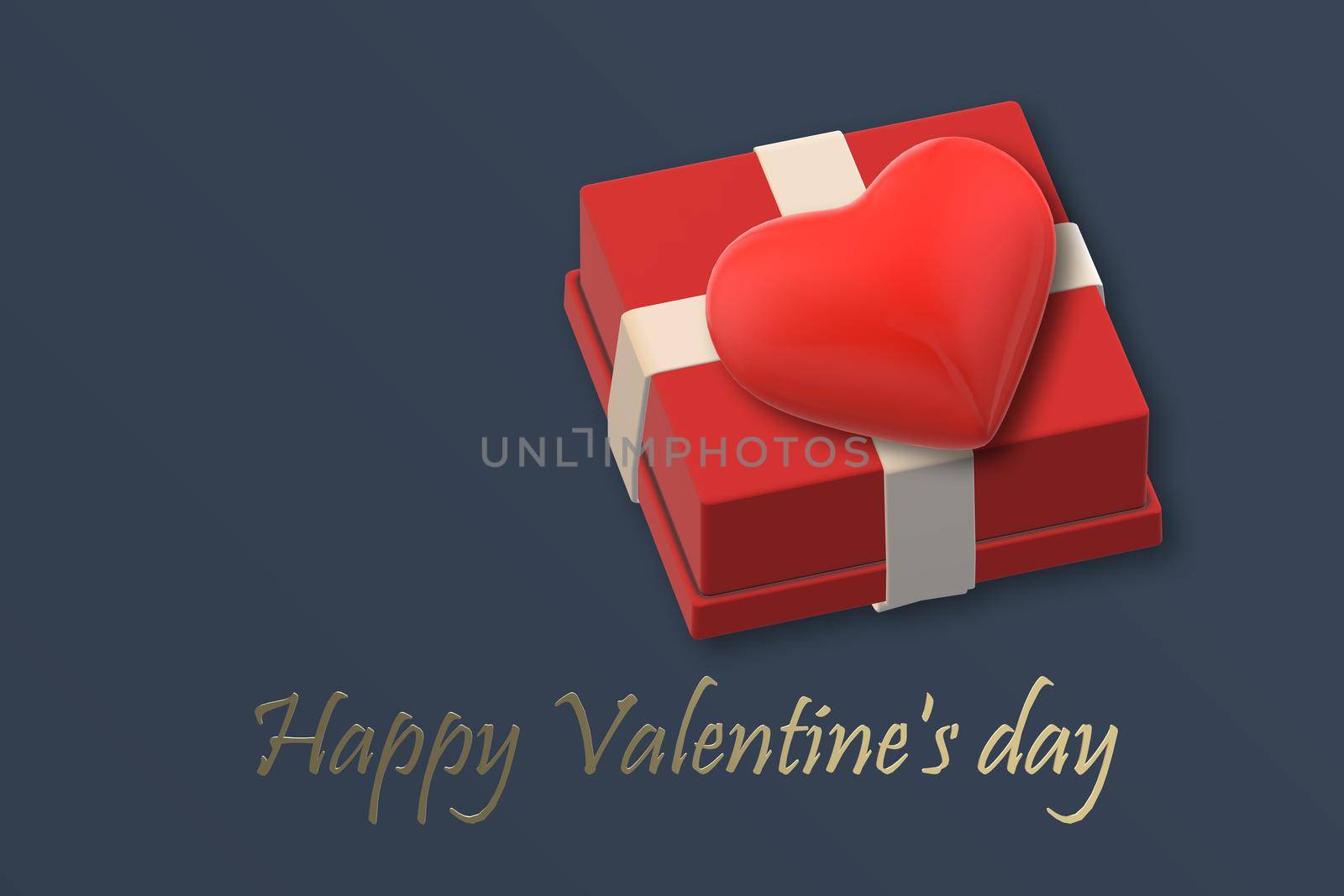 Valentine's day gift box red heart over blue background. Gold text Happy Valentine's day with heart. 3D render