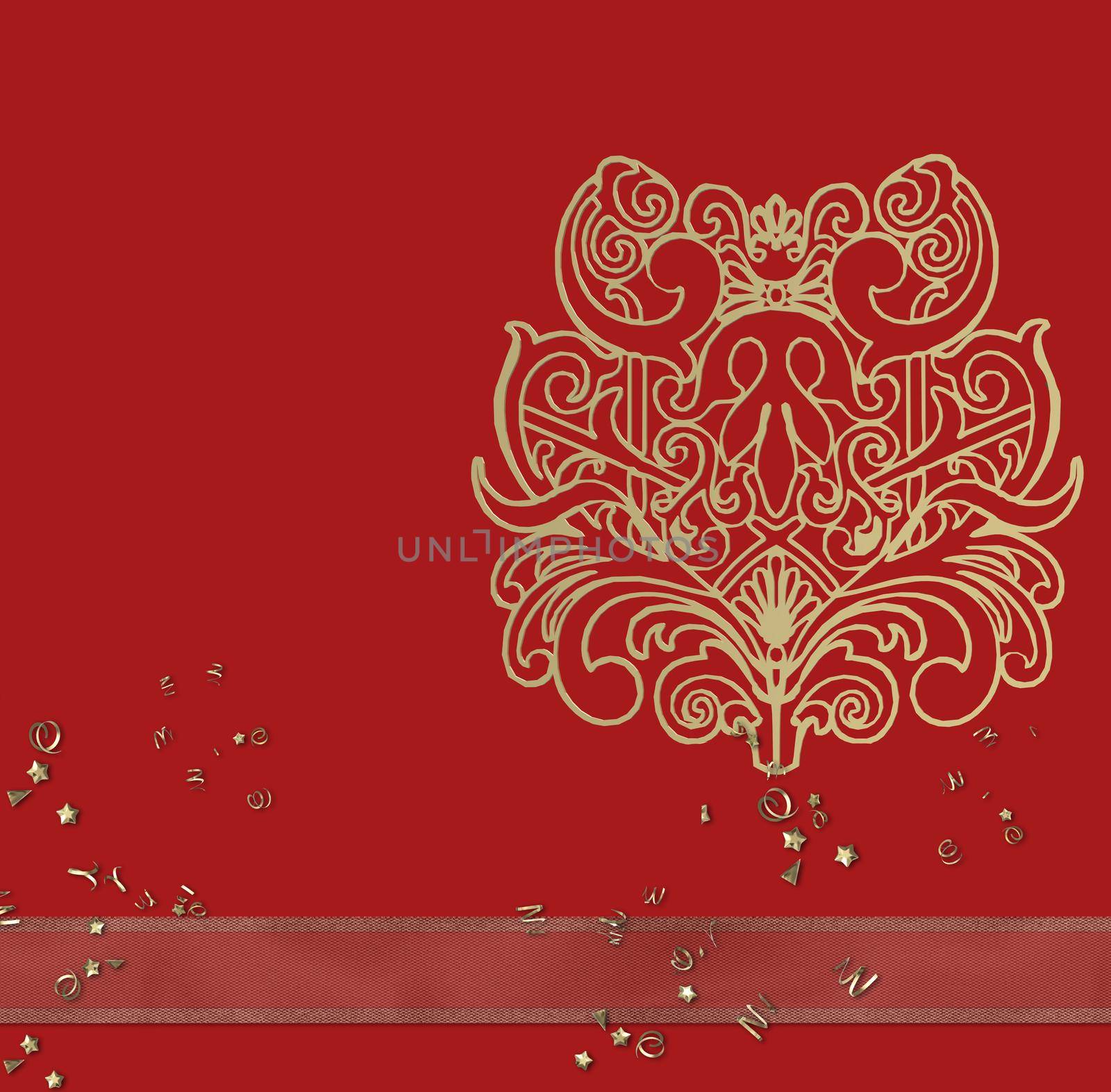 Oriental pattern design. Gold pattern ornament on red. 3D illustration. Mock up, template