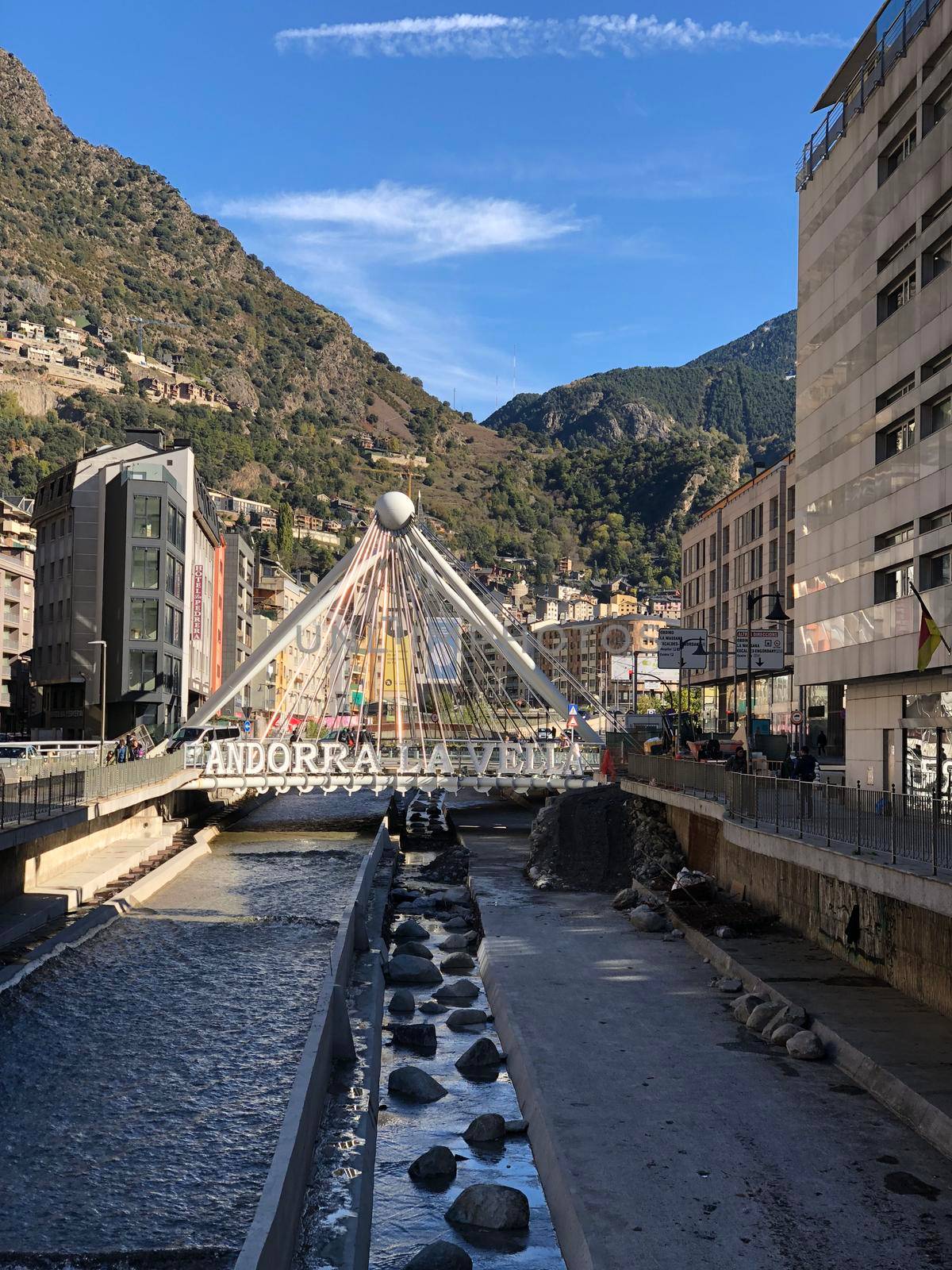 Andorra La Vella sign at the Pont de Paris bridge in Andorra