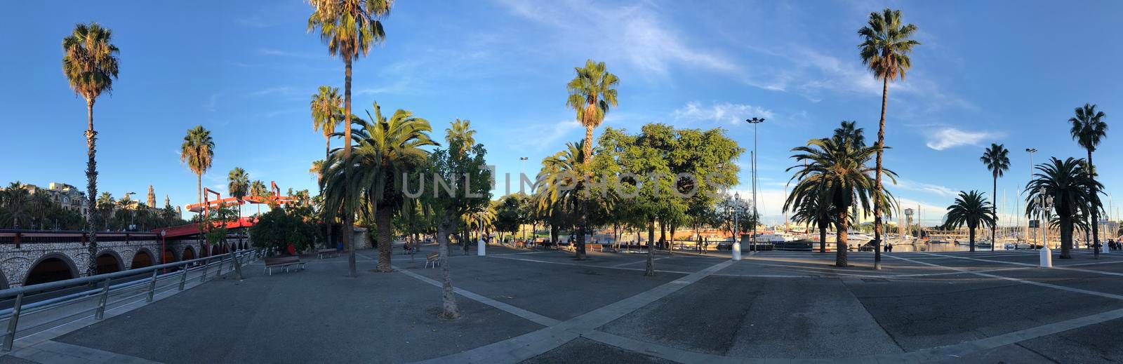 Panorama from the boulevard around the port of Barcelona Spain