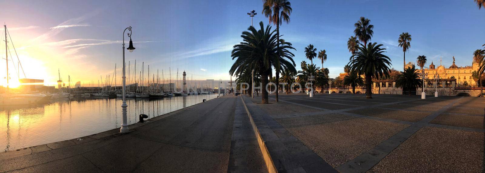 Sunrise at the port of of Barcelona in Spain