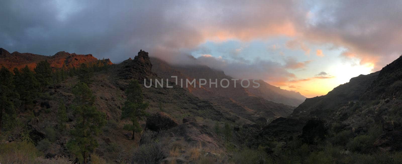 Panorama sunset from the mountains around Mogan on Gran Canaria