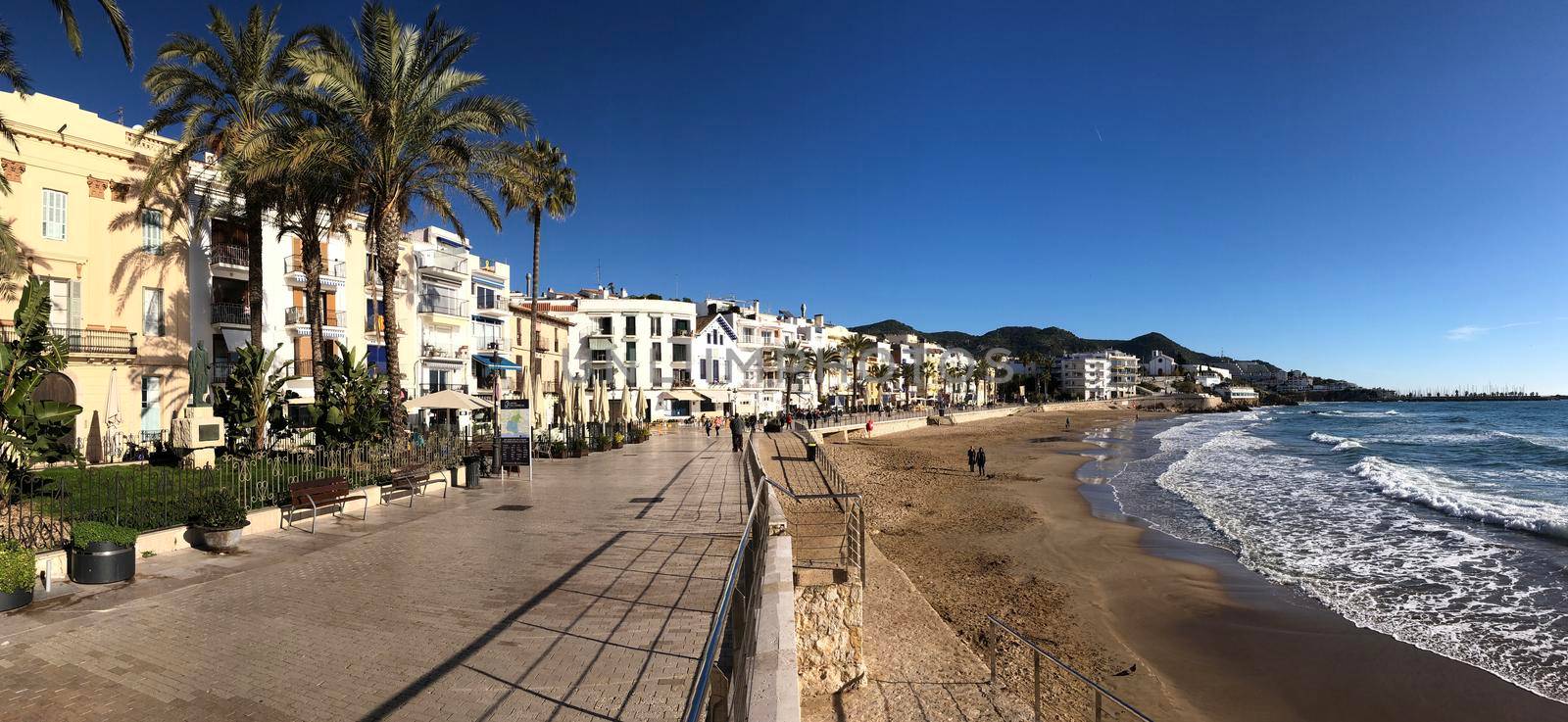 Panorama from san sebastian beach in Sitges, Spain