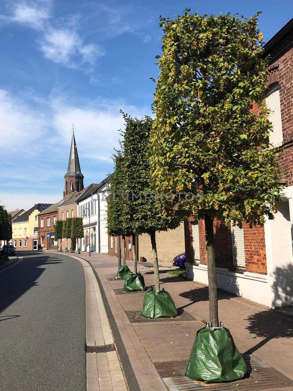 Housing and the St. Bartholomäus church in Isselburg, Germany