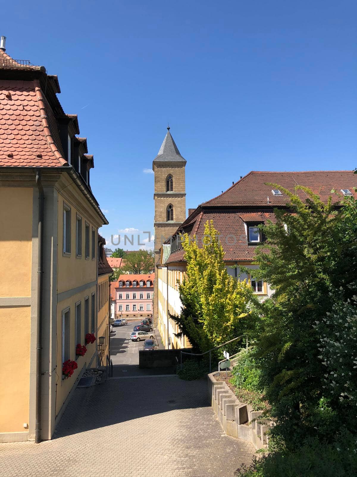 Street around the church St. Maria und St. Theodor in Bamberg, Germany