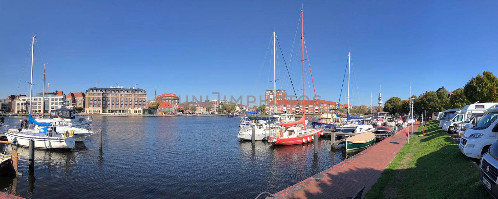 Panorama from boats and campers at the old inland port in Emden, Germany