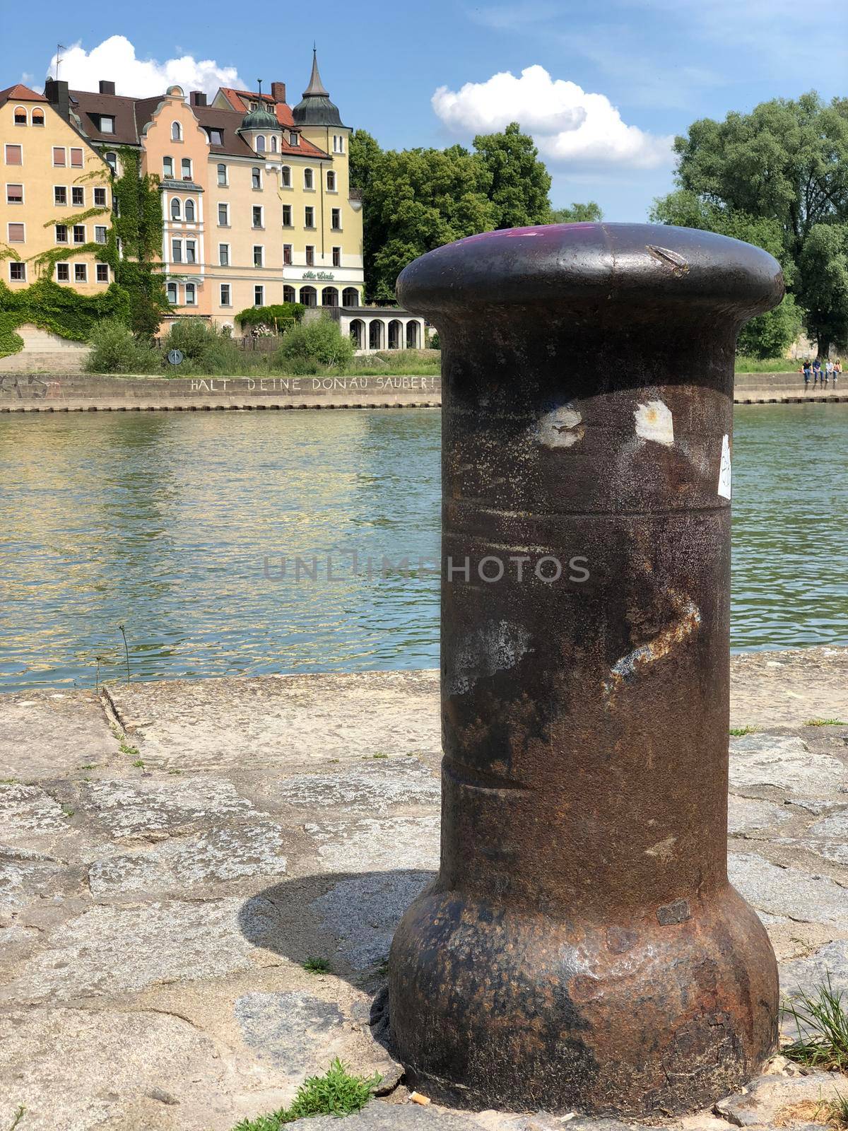 Bolder at the waterfront of the danube river in Regensburg, Germany