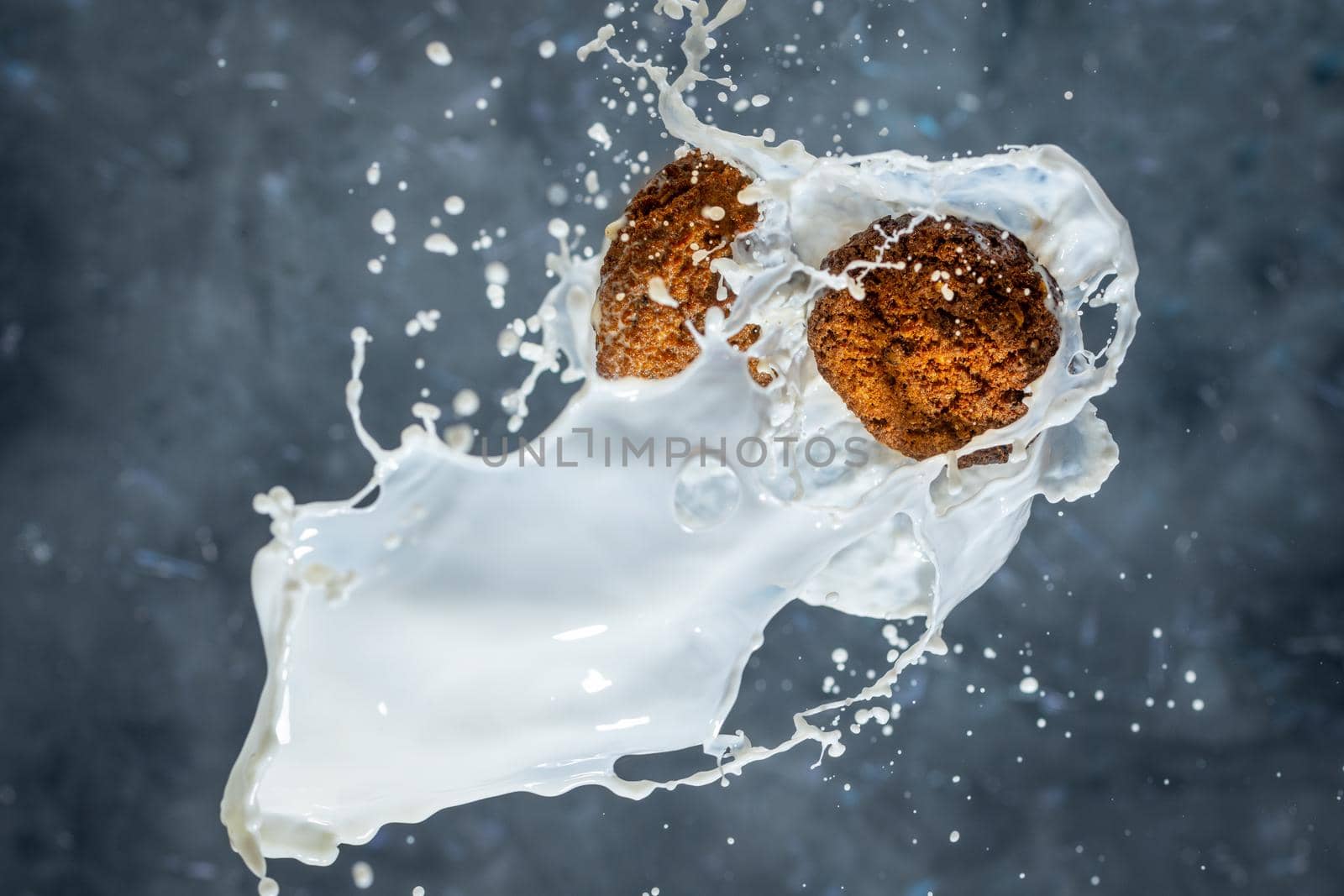 Oatmeal cookies with milk splashes on gray background. levitation. by sashokddt