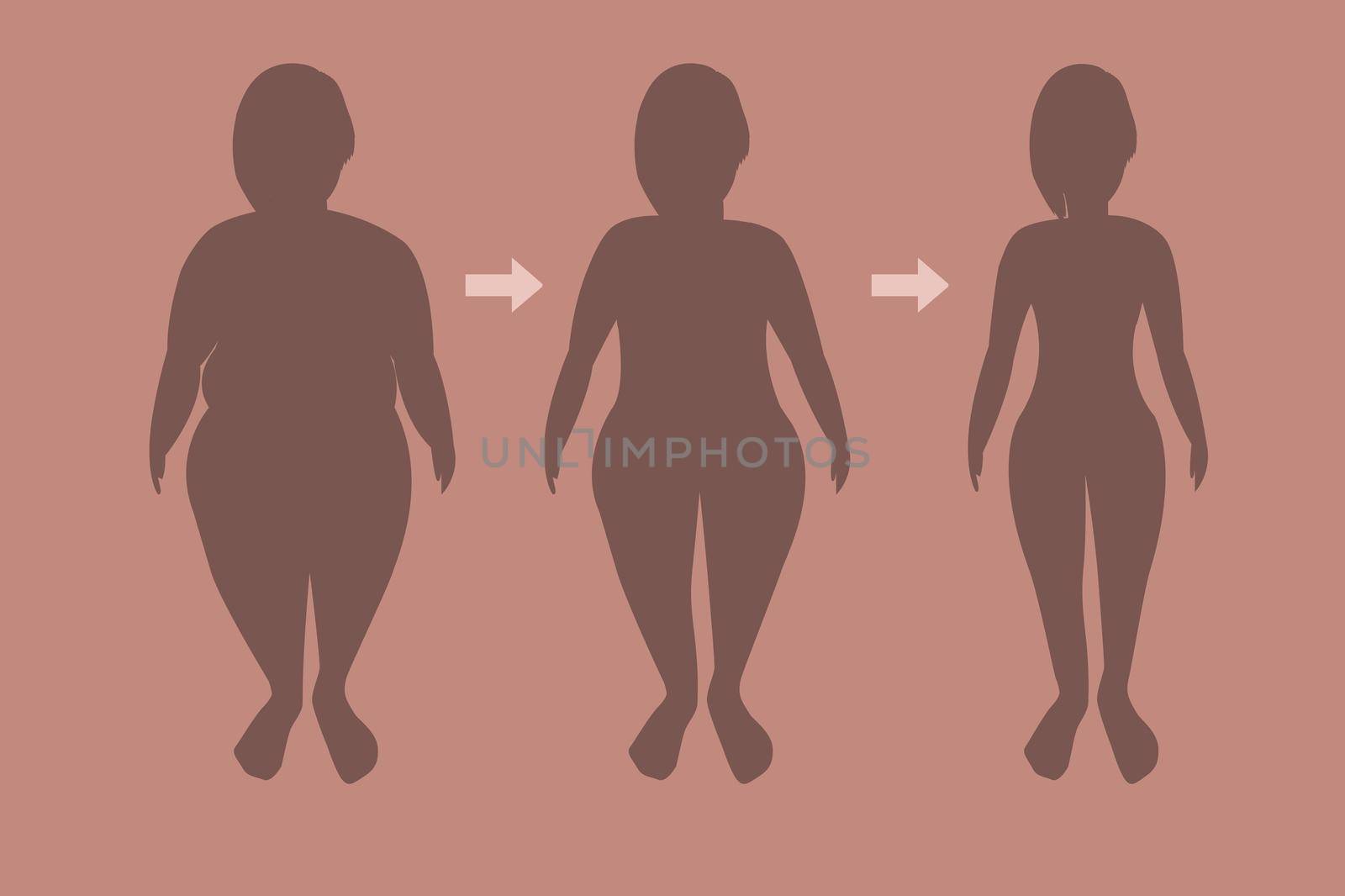 Woman silhouette in loose weight stages. before and after dieting or weight loss exercising the loose weight concept by Olena758
