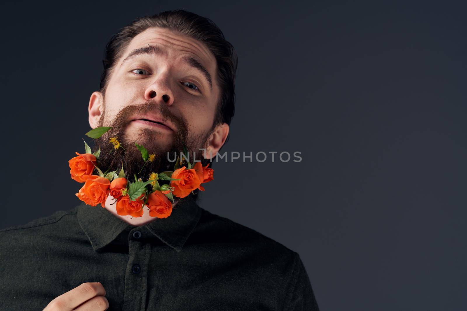 Bearded men flowers decoration gift romance black background by SHOTPRIME