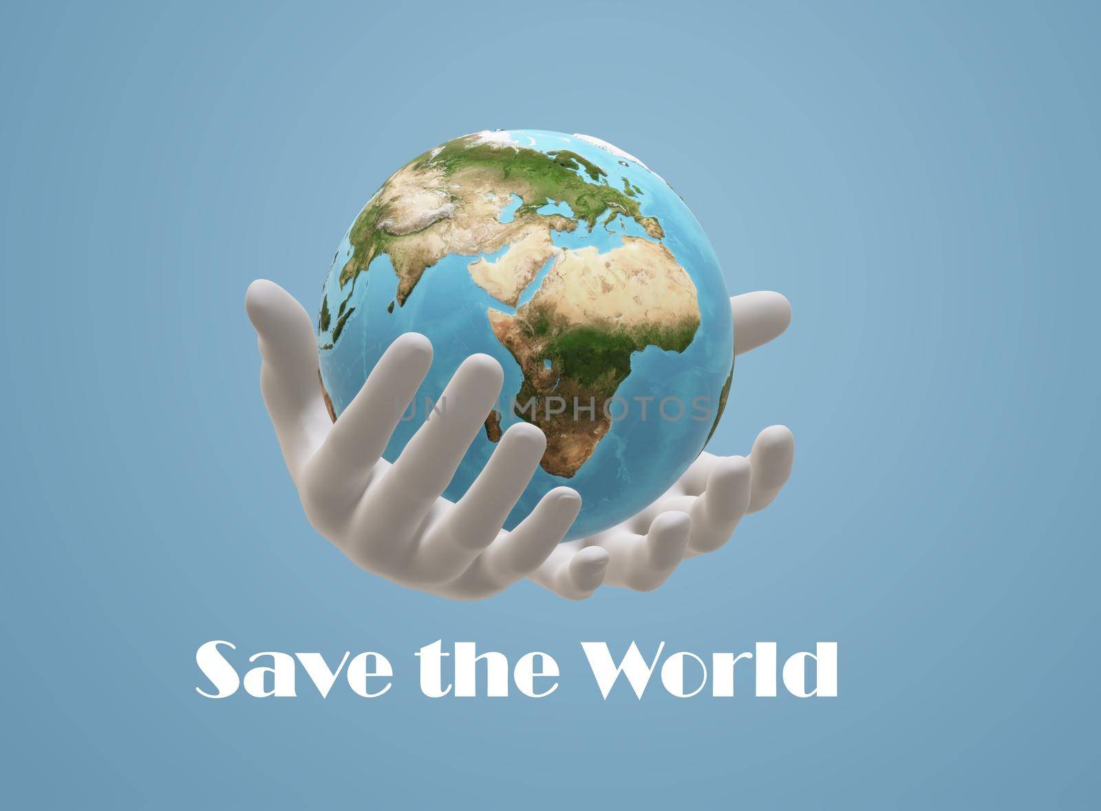 Save the World .Globe in human hands on blue sky. Environmental protection concept. 3D render