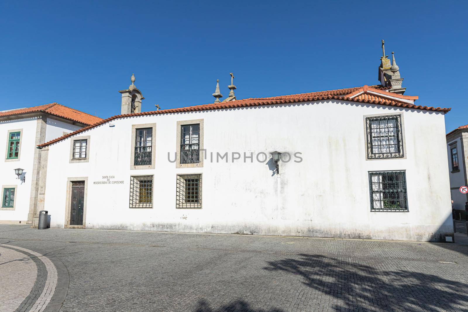 Esposende, Portugal - February 21, 2020: Architectural detail of the Sacred Art Museum of the Church of Mercy (Santa Casa Misericordia de Fao) in the historic city center on a winter day