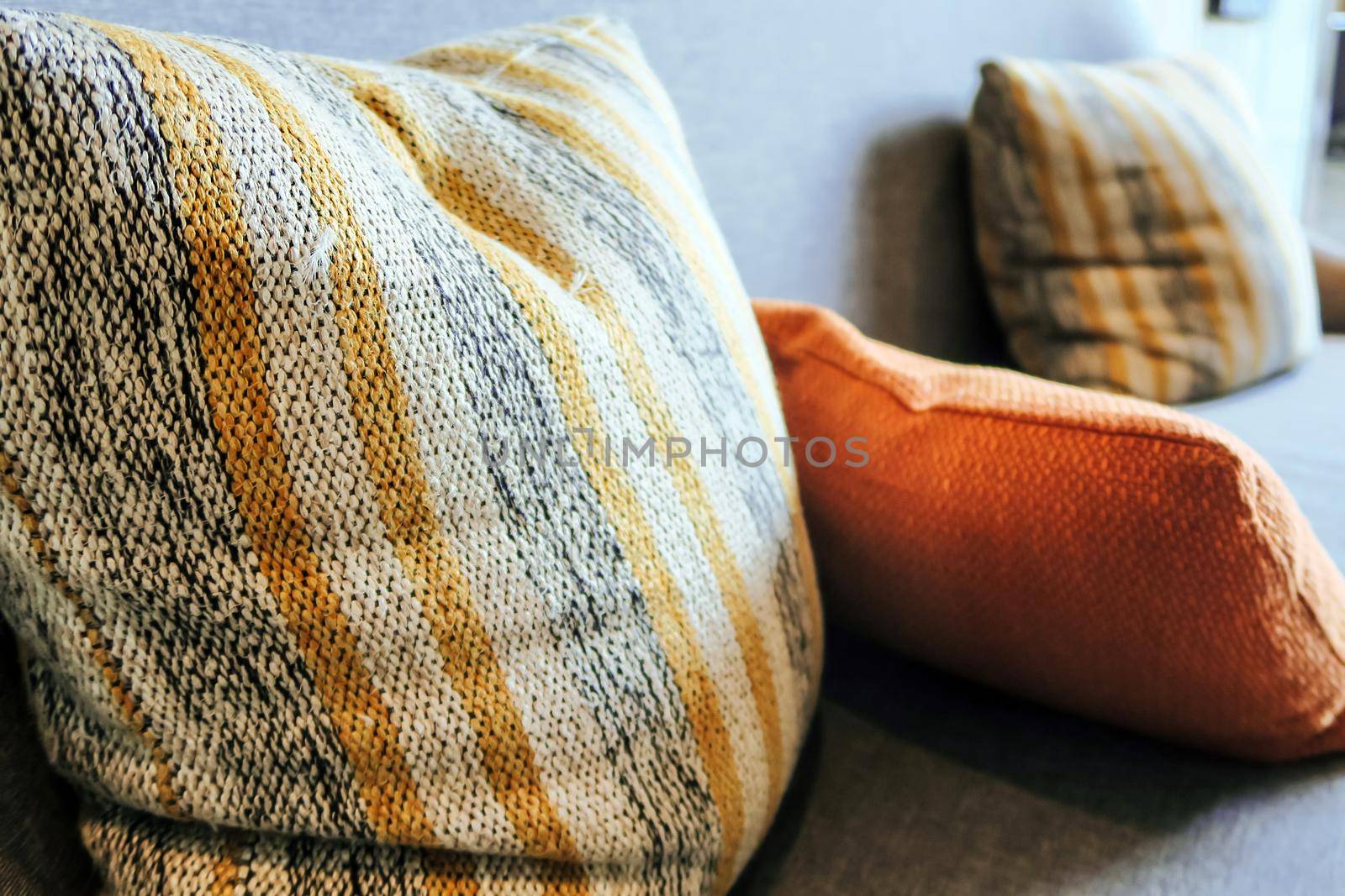 Detail image of cushion on sofa, modern living room.