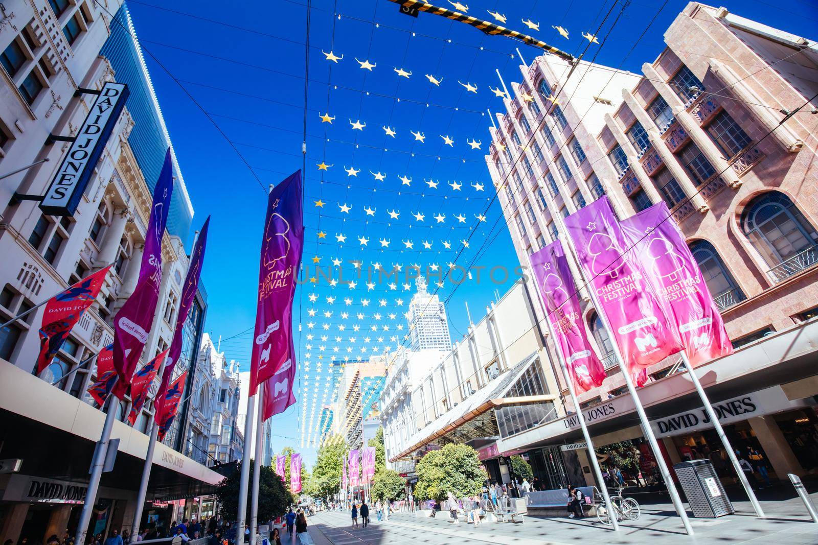 Melbourne, Australia - December 18, 2020: Busy Bourke St Mall with Christmas decorations and festivities in Melbourne, Victoria, Australia