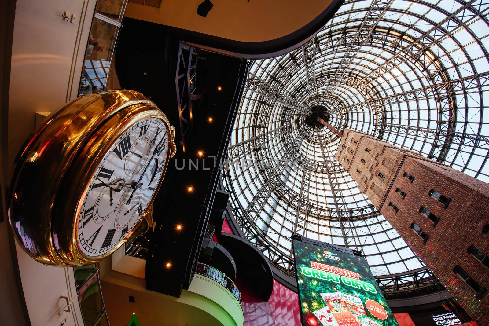 Melbourne, Australia - December 18, 2020: Busy Melbourne Central and Shot Tower with Christmas decorations and festivities in Melbourne, Victoria, Australia