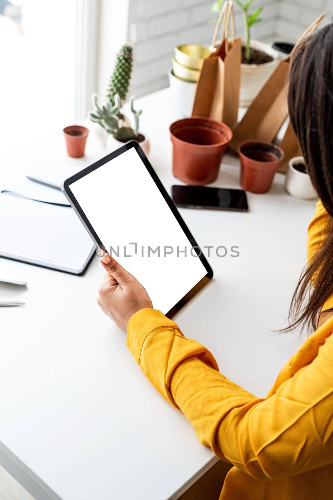 Woman gardener hands holding digital tablet with blank screen by Desperada