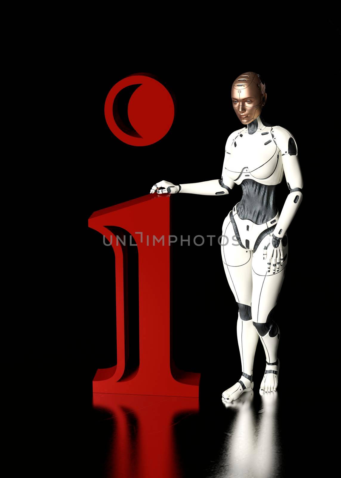 A white cyborg holds the letter i. Information illustration. by ankarb