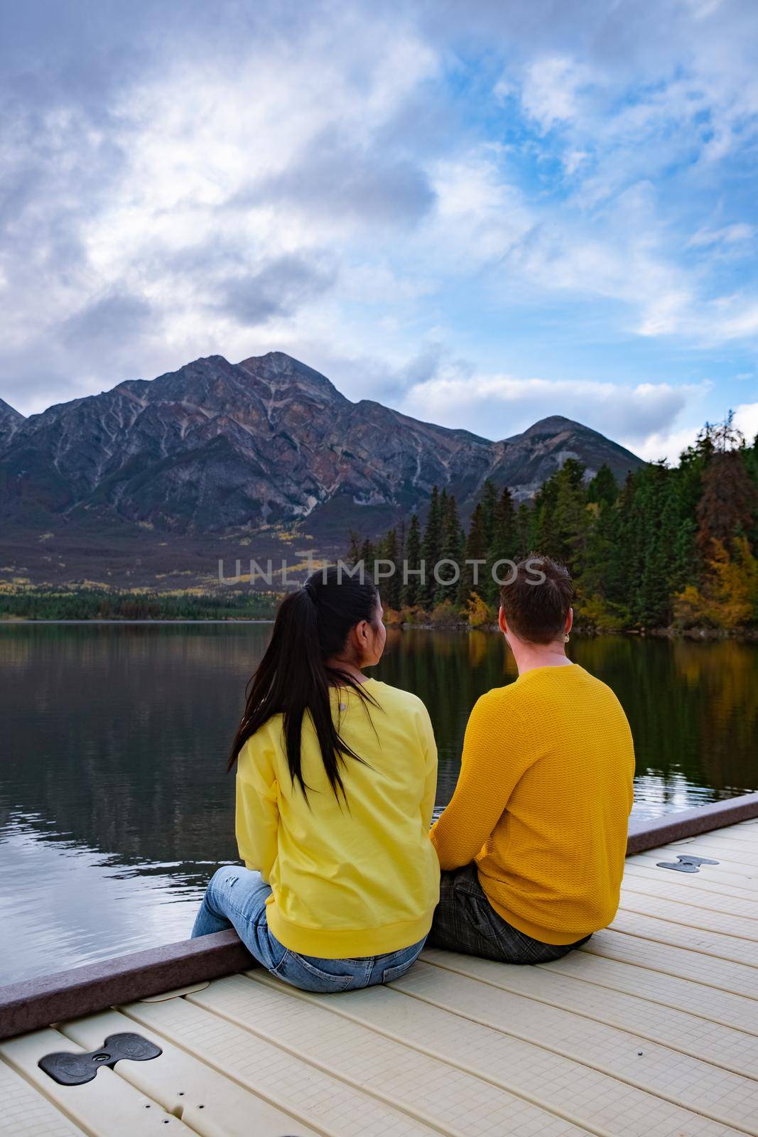 Pyramid Lake, Jasper National Park,Canadian Rocky Mountains Alberta, Canada. Canadian Rockies, couple on vacation in Canada