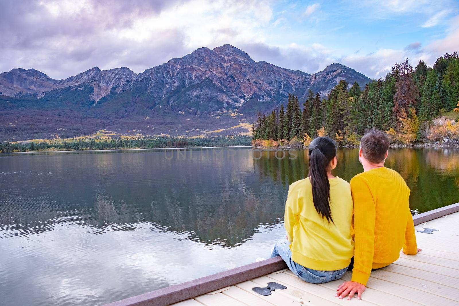 Pyramid Lake, Jasper National Park,Canadian Rocky Mountains Alberta, Canada. Canadian Rockies, couple on vacation in Canada