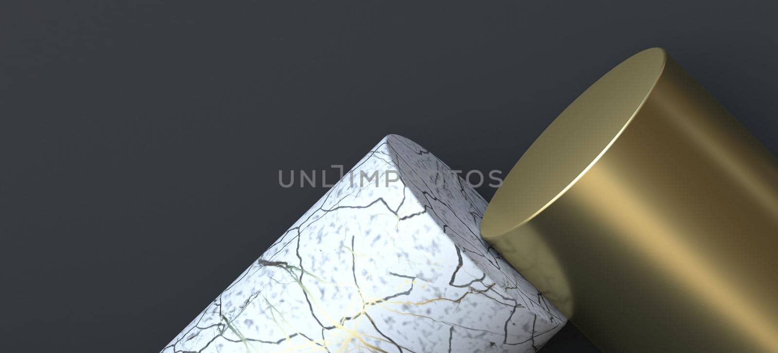 Abstract background made of white marble cylinder and golden one 3D render illustration on black background