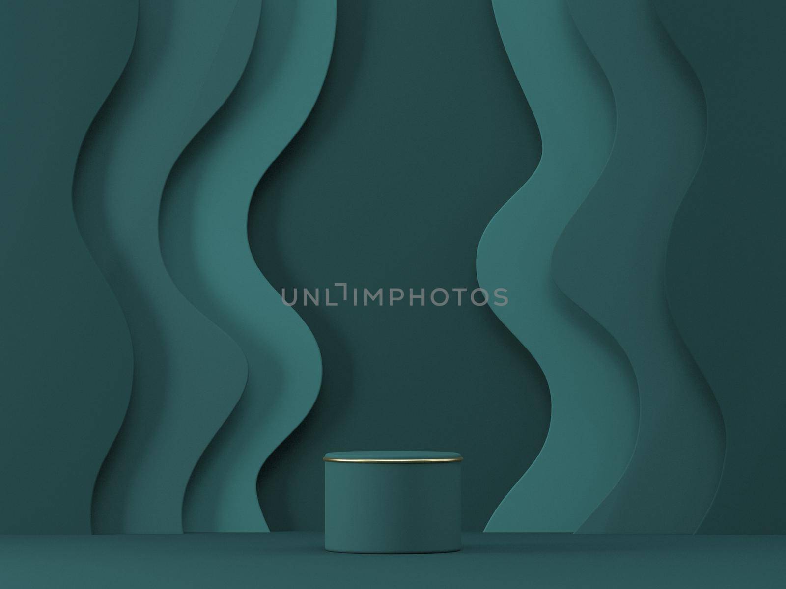 Mock up podium for product presentation with waves shaped wall 3D render illustration on green background