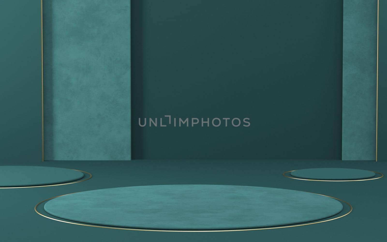 Mock up podium for product presentation simple shapes circles and rectangles composition 3D render illustration on green background