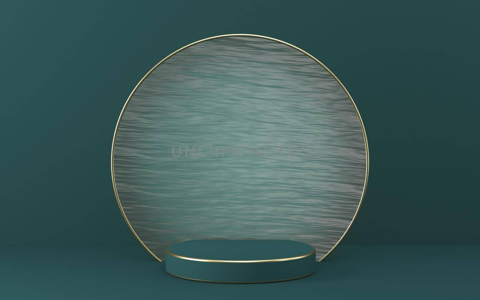 Mock up podium for product presentation textured glass circle 3D render illustration on green background