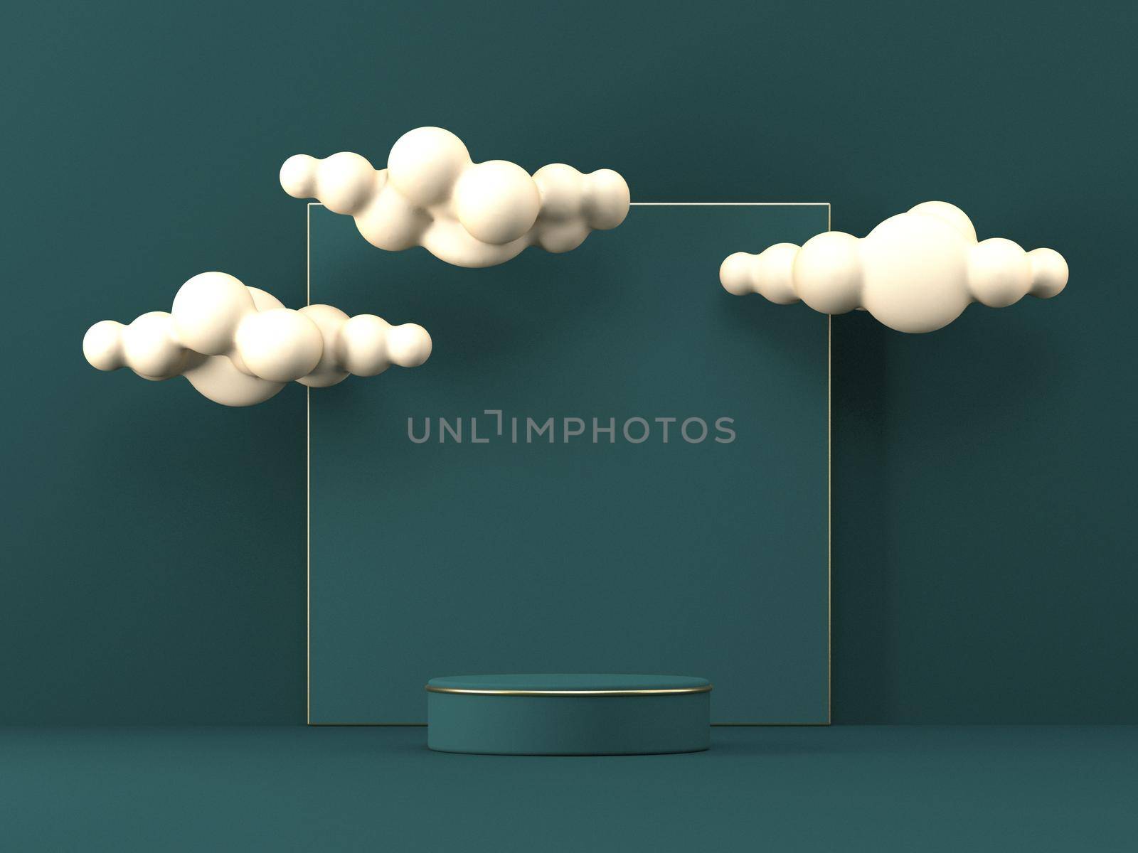 Mock up podium for product presentation square with clouds  3D render illustration on green background
