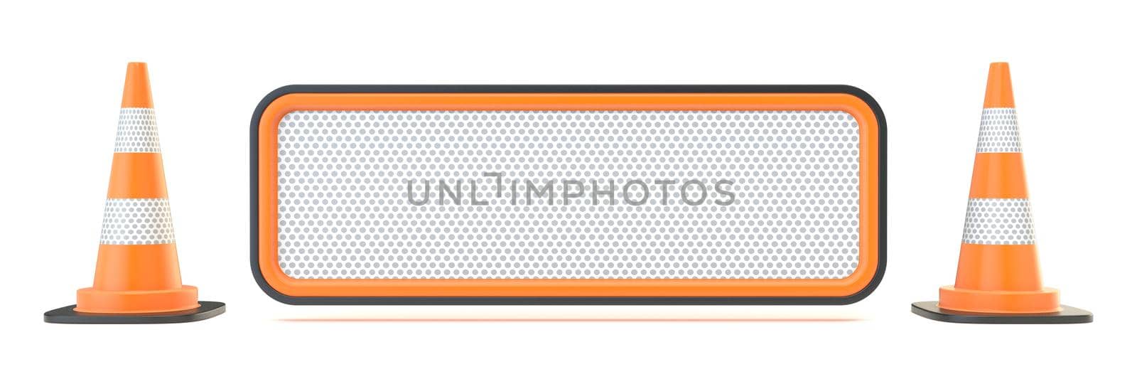 Blank traffic sign with two traffic cones 3D render illustration isolated on white background