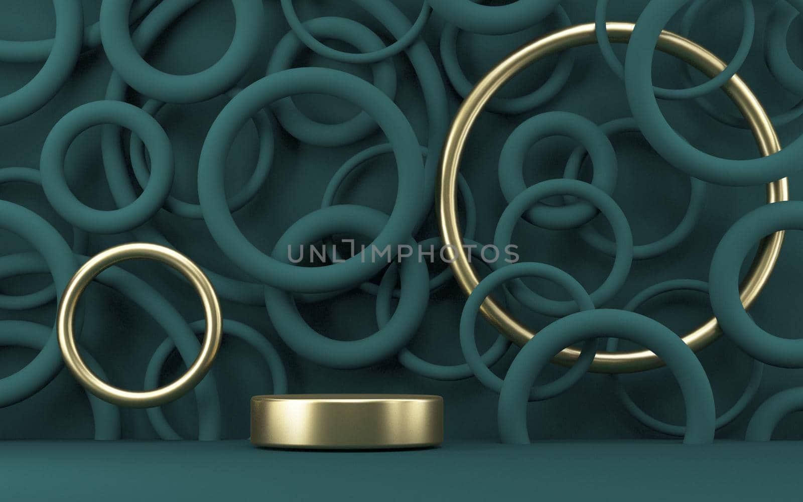 Mock up podium for product presentation two golden rings 3D render illustration on dark green rings background