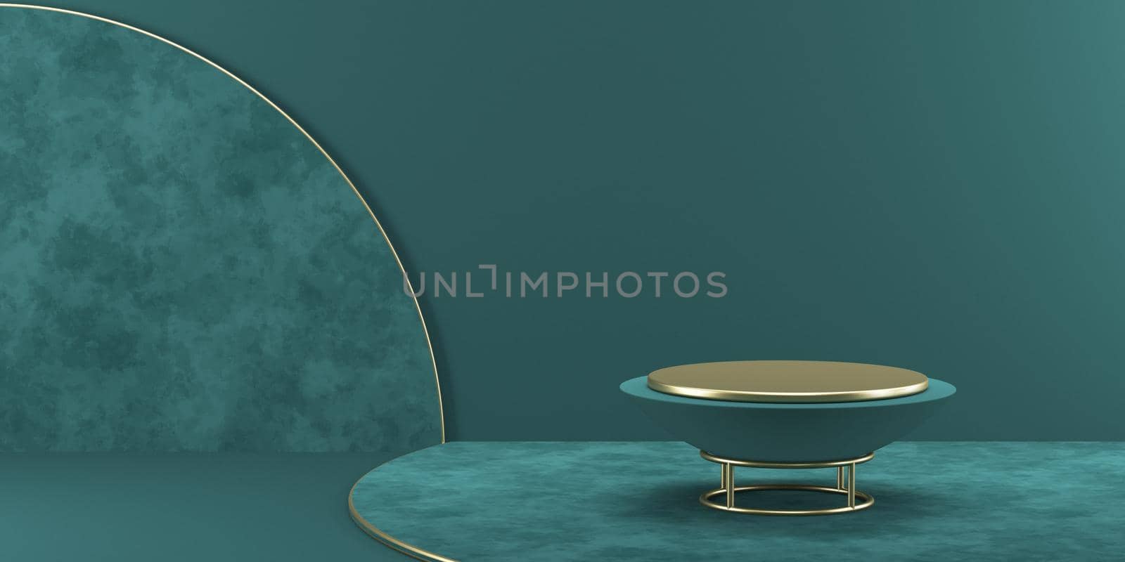 Mock up podium for product presentation textured circles and golden furniture stand 3D render illustration on green background